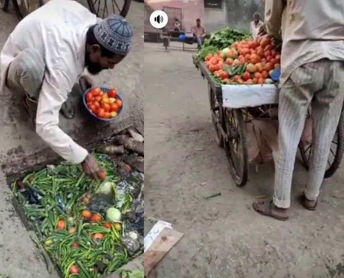 Vegetable seller seen picking his wares from a dirty drainage to sell to Innocent buyers (Video)